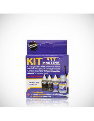 Kit incollatutto 25 gr + 3 sabbie minerali per ricostruzione 20 gr + beccucci Mastina