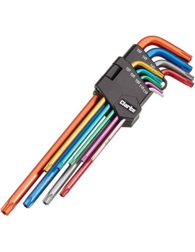 9 chiavi colorate a stella Torx®** con foro T10-T50 extralunghe in acciaio Clarke